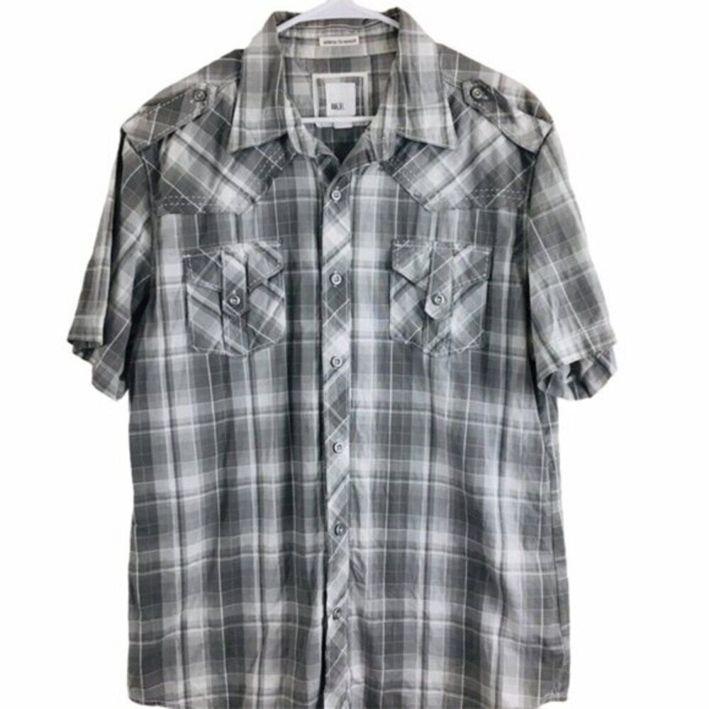 BKE Grey Plaid Button Down Short Sleeve Dress Shirt Large Western
